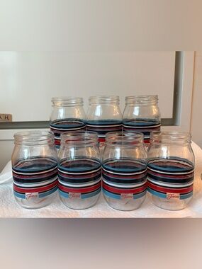 Set of SEVEN Fiesta Glass Drinking Jars with Blue, Red, Black and White Stripes